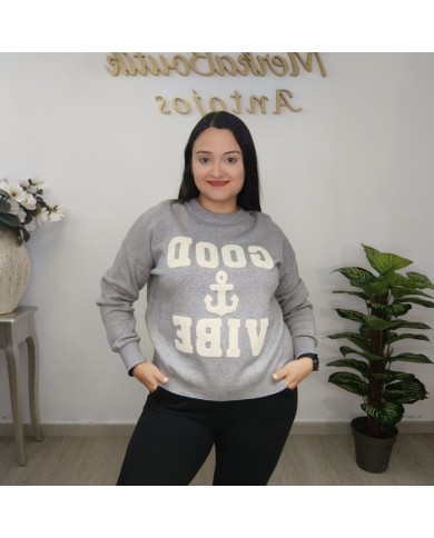 Jersey Punto Oversize 'Good Vibe' con Ancla | Gris y Negro