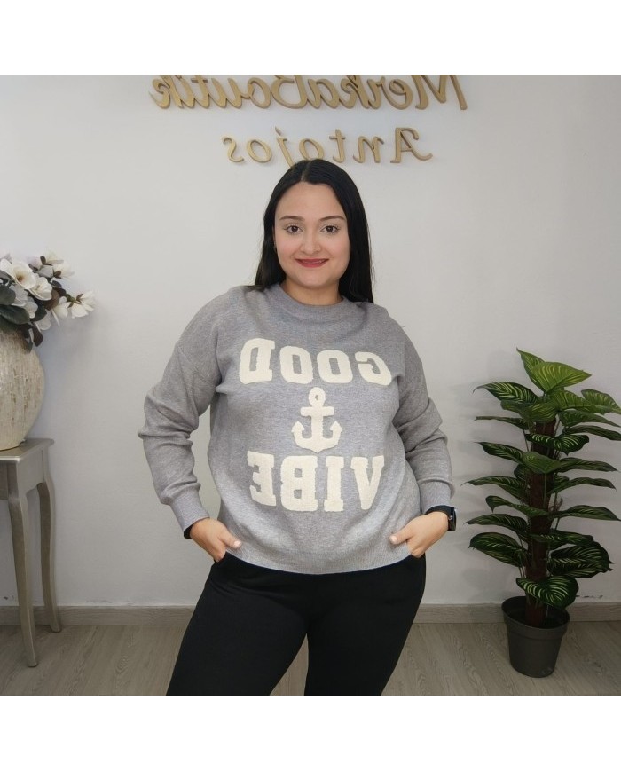 Jersey Punto Oversize 'Good Vibe' con Ancla | Gris y Negro