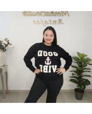 Jersey Punto Oversize 'Good Vibe' con Ancla | Gris y Negro