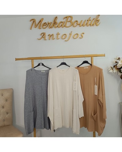 Jersey Largo Túnica Curvy Bolsillos | Punto Fino | Gris, Crema y Camel