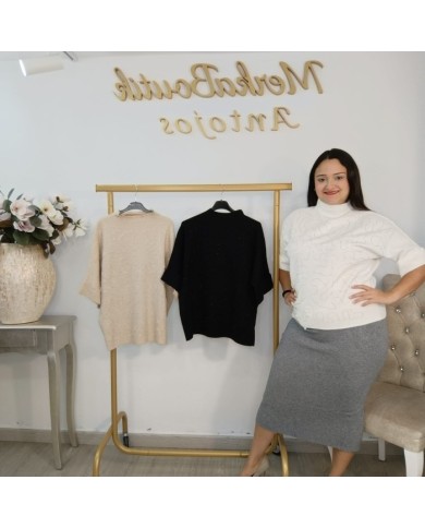 Jersey Punto Lazo Lentejuelas Bordado | Moño Chic | Blanco Roto