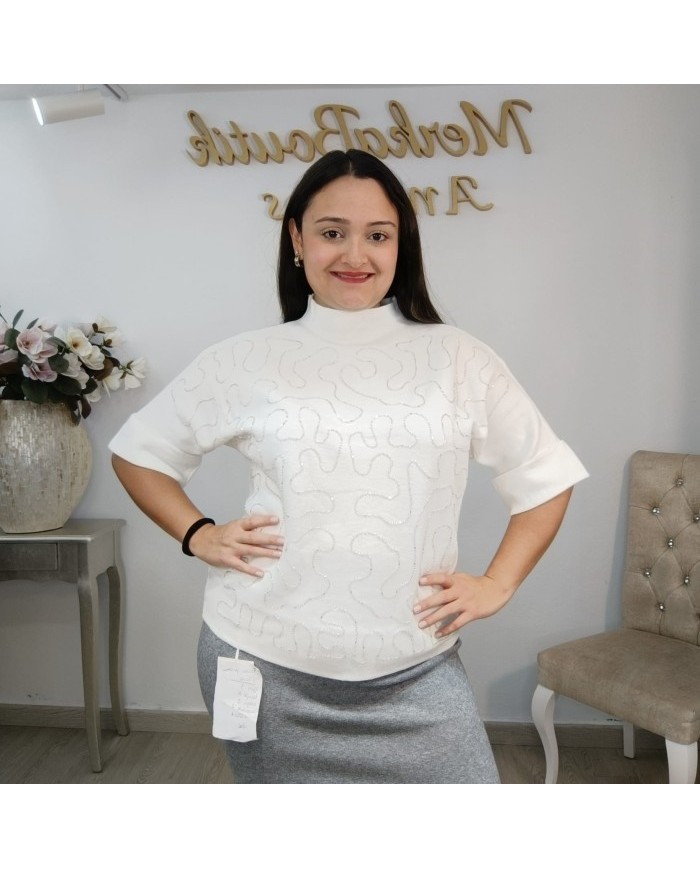 Jersey Punto Lazo Lentejuelas Bordado | Moño Chic | Blanco Roto