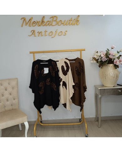 Poncho de Punto Animal Print Irregular | Oversize Negro/Beige/Marrón