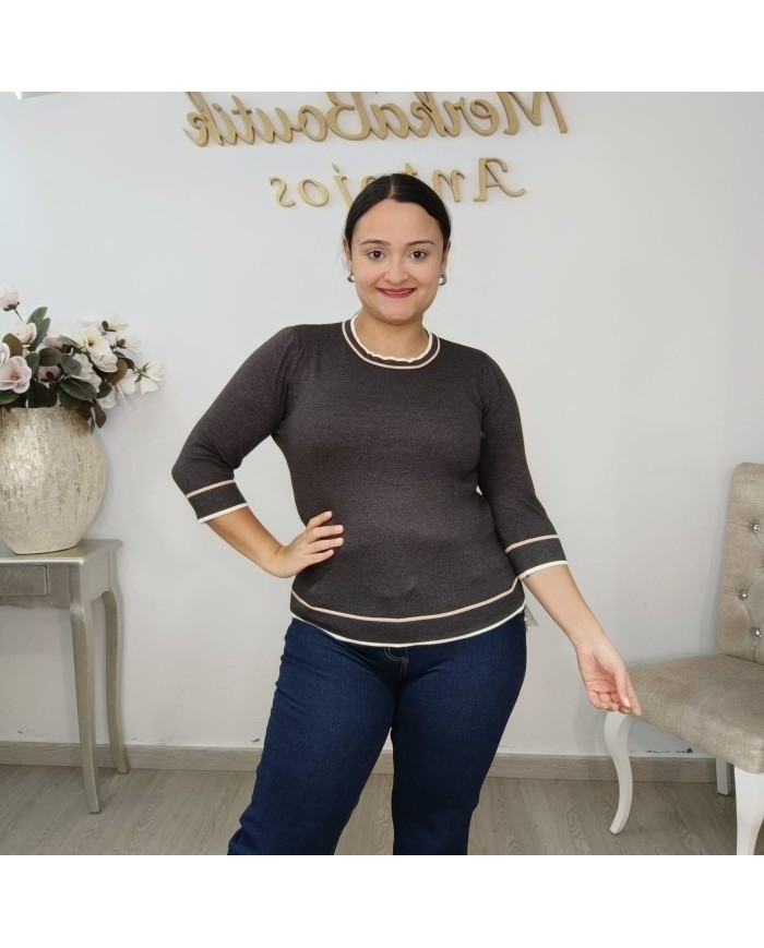 Jersey Punto Fino Ribetes Contraste | Manga 3/4 Gris y Más Colores | Estilo Preppy