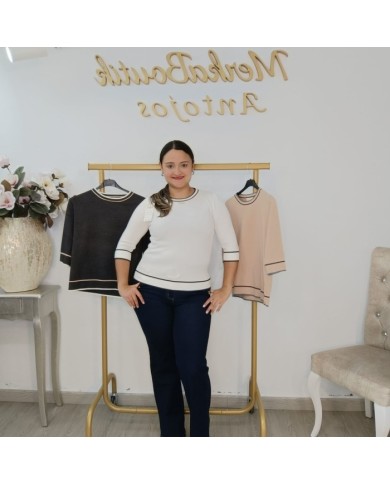 Jersey Punto Fino Ribetes Contraste | Manga 3/4 Gris y Más Colores | Estilo Preppy