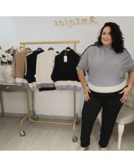 Jersey Punto Fino Ribetes Contraste | Manga 3/4 Gris y Más Colores | Estilo Preppy