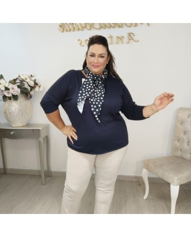 Jersey Punto Básico + Pañuelo Lunares | Azul Marino | Look Preppy Elegante