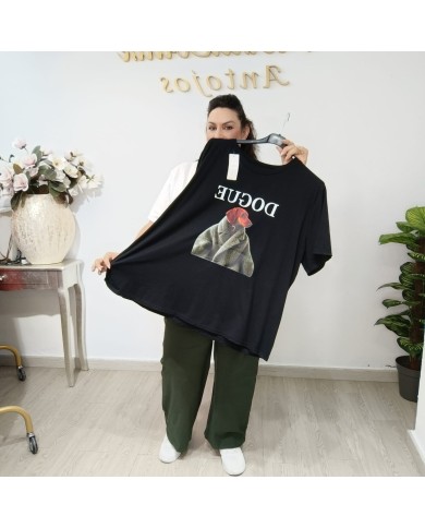 Camiseta Dogue Oversize - Estampado Perro Moda - Negro y Blanco