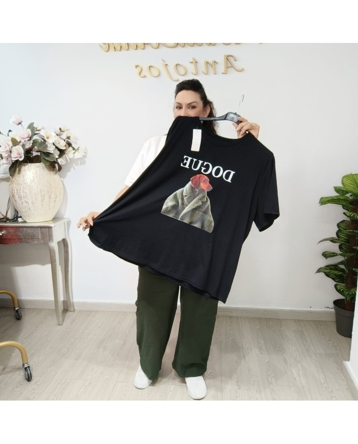 Camiseta Dogue Oversize - Estampado Perro Moda - Negro y Blanco