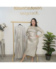 Vestido Midi Punto Ajustado Brillo Plata | Nudo en Cintura | Fiesta y Eventos