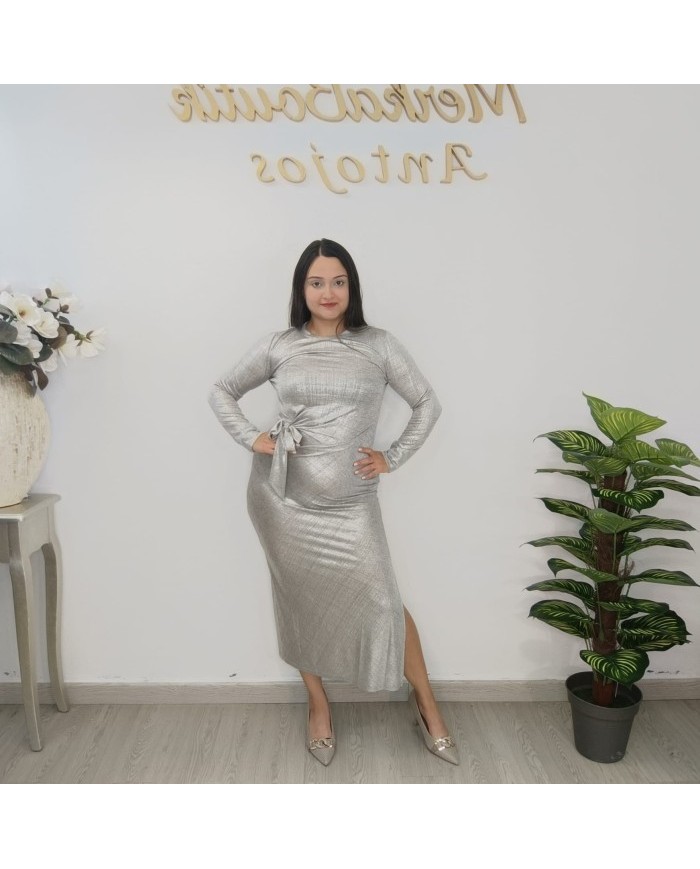Vestido Midi Punto Ajustado Brillo Plata | Nudo en Cintura | Fiesta y Eventos