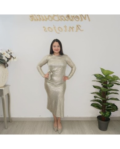 Vestido Midi Punto Ajustado Brillo Plata | Nudo en Cintura | Fiesta y Eventos