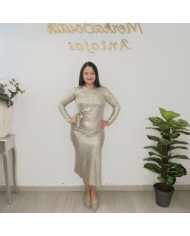Vestido Midi Punto Ajustado Brillo Plata | Nudo en Cintura | Fiesta y Eventos