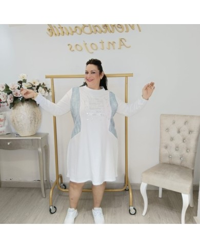 Vestido Túnica Algodón Oversize | Panel Denim y Brillos Plata | Varios Colores