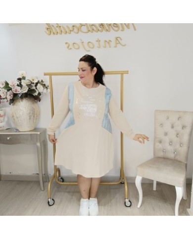 Vestido Túnica Algodón Oversize | Panel Denim y Brillos Plata | Varios Colores