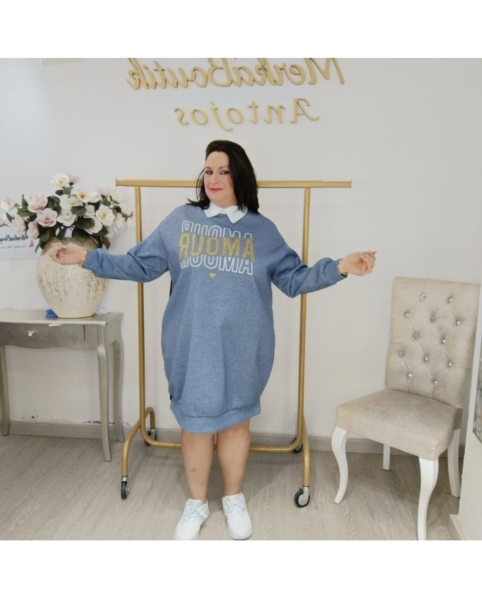 Vestido Túnica Oversize Cuello Camisero | Felpa 'Amour' Azul y Más Colores