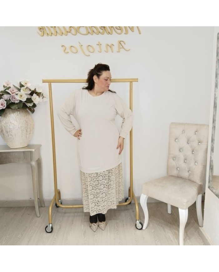 Vestido Túnica Oversize Bajo Encaje | Doble Tejido Beige | Estilo Boho Chic