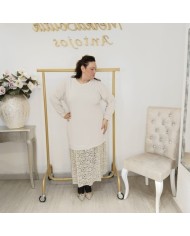 Vestido Túnica Oversize Bajo Encaje | Doble Tejido Beige | Estilo Boho Chic