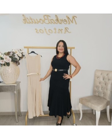Vestido Midi Negro Ajustado de Punto | Sin Mangas | Cinturón Incluido