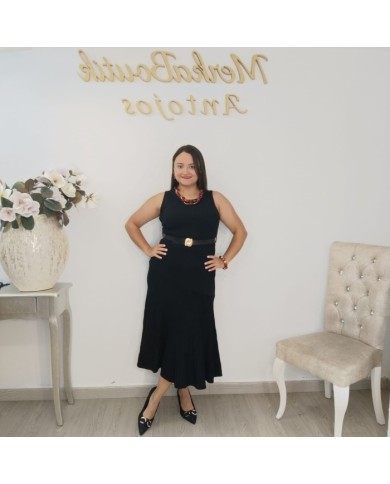 Vestido Midi Negro Ajustado de Punto | Sin Mangas | Cinturón Incluido