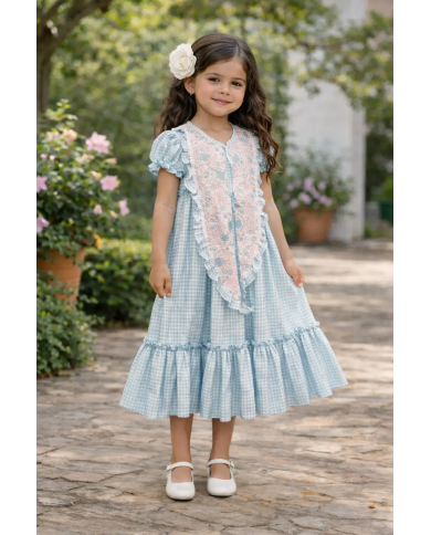 Bata flamenca niña Vichy celeste | Bata rociera infantil