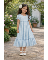 Bata flamenca niña Vichy celeste | Bata rociera infantil