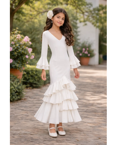 Vestido flamenca niña elegante con volantes ideal para feria y romería blanco