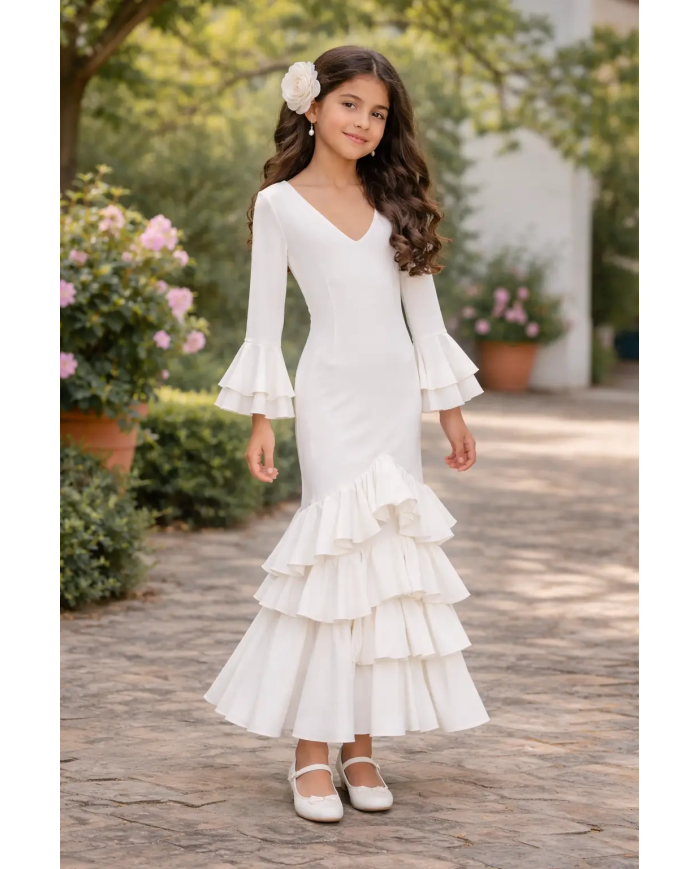 Vestido flamenca niña elegante con volantes ideal para feria y romería blanco