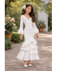 Vestido flamenca niña elegante con volantes ideal para feria y romería blanco