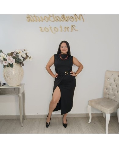 Vestido Midi Ajustado Hebilla Burdeos | Punto Elástico Abertura | Eventos