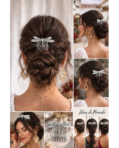 peina libélula plateada en recogido elegante