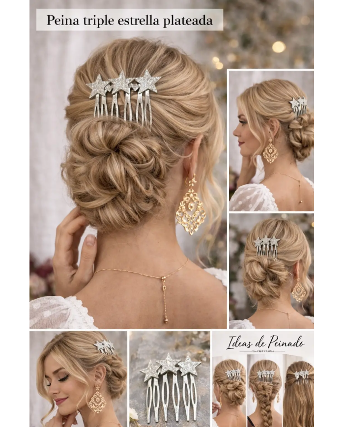 Peina triple estrella plateada elegante | Accesorios pelo Merkaboutik