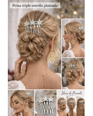Peina triple estrella plateada elegante | Accesorios pelo Merkaboutik