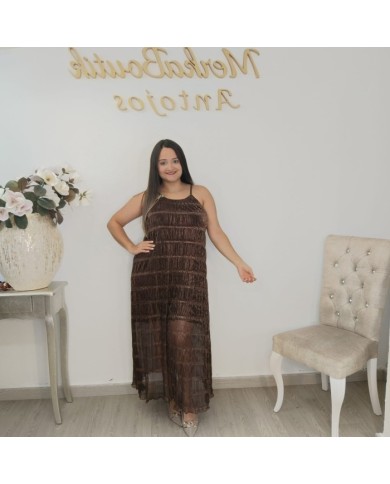 Vestido Maxi Gasa Plisada Tirantes Finos | Marrón Chocolate | Estilo Grecia