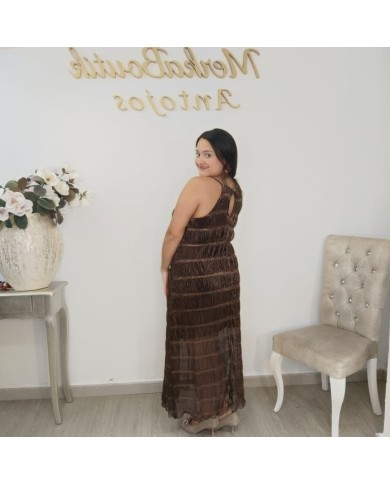 Vestido Maxi Gasa Plisada Tirantes Finos | Marrón Chocolate | Estilo Grecia