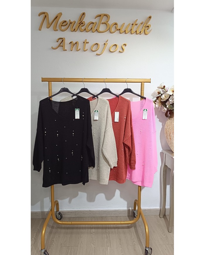 Jersey Largo Hielo Perlas para mujer, talla única de la 44 a la 54
