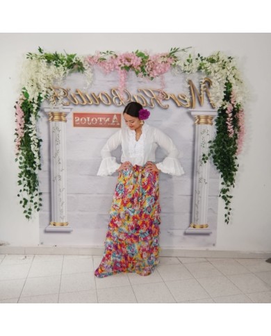 Falda Gitanilla larga con estampado multicolor y volantes de estilo flamenco