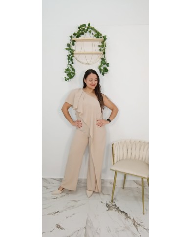 Mono Fiesta Concepción Rosa Asimétrico Volante - Pantalón Palazzo