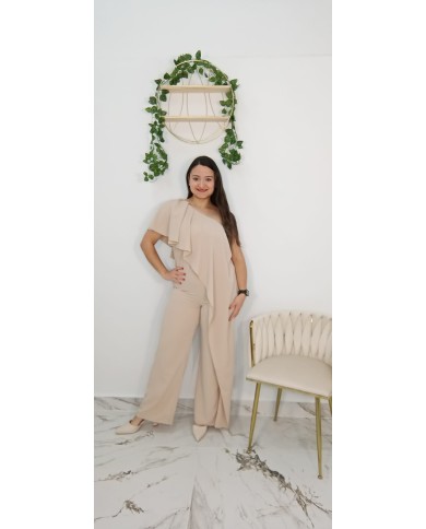 Mono Fiesta Concepción Rosa Asimétrico Volante - Pantalón Palazzo