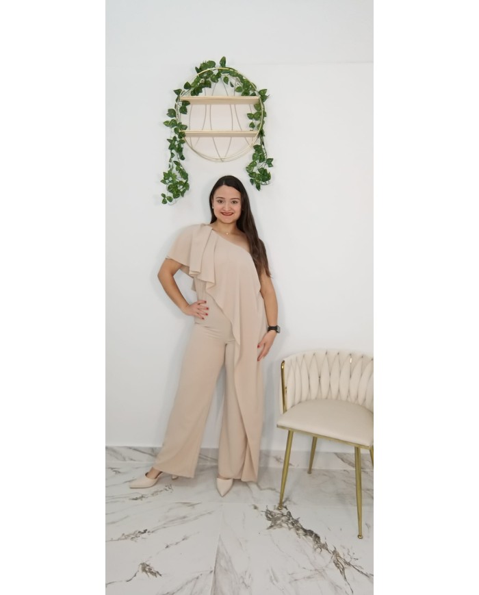 Mono Fiesta Concepción Rosa Asimétrico Volante - Pantalón Palazzo