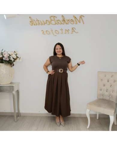Vestido Maxi Ana Punto Falda Plisada | Cinturón Incluido Marrón y Más Colores