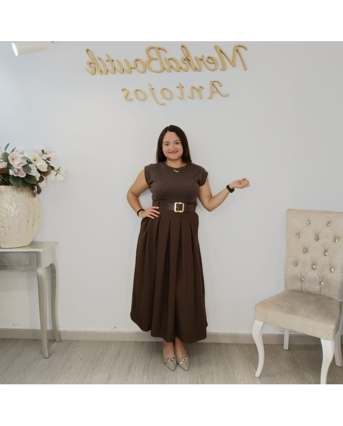 Vestido Maxi Ana Punto Falda Plisada | Cinturón Incluido Marrón y Más Colores