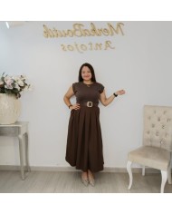 Vestido Maxi Ana Punto Falda Plisada | Cinturón Incluido Marrón y Más Colores