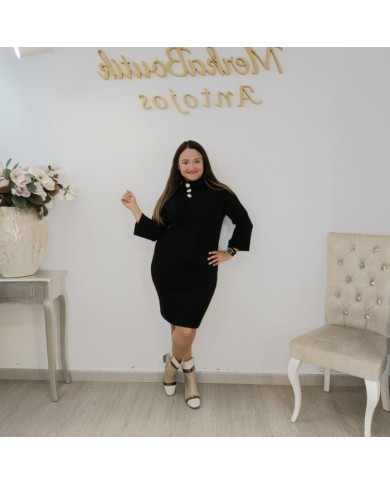 Vestido Mini Punto Ajustado Cuello Cisne | Botones Joya Zafiro Marrón