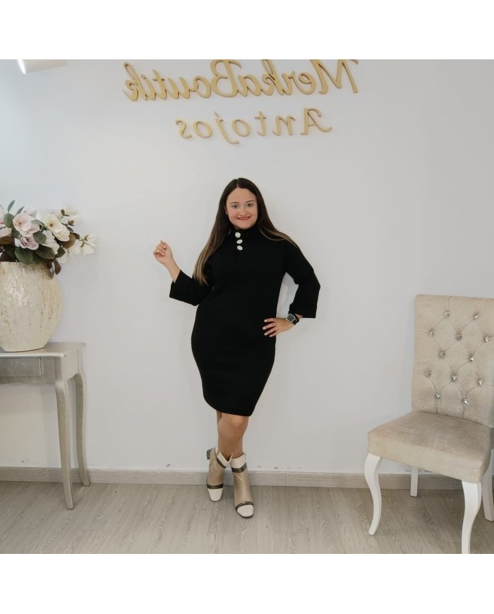 Vestido Mini Punto Ajustado Cuello Cisne | Botones Joya Zafiro Marrón