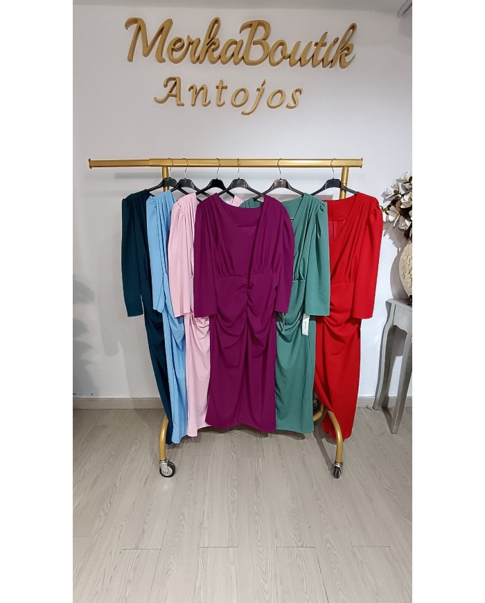 Vestido Midi Crespón Úrsula para mujer con diseño drapeado y manga francesa