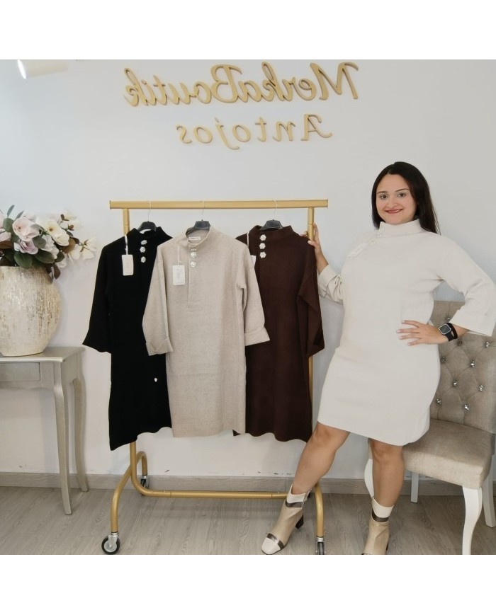 Vestido Mini Punto Ajustado Cuello Cisne | Botones Joya Zafiro Marrón