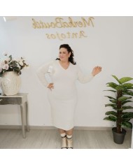 Vestido Midi Oversize Punto Suave | Escote V Curvy Amalia Crudo