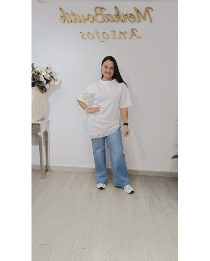 Camiseta Manga Corta Encaje | Talla única 42 a 46