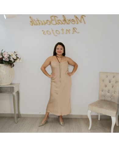 Vestido Midi Satén Lencero Tirantes Finos | Crudo Gala | Eventos y Fiesta